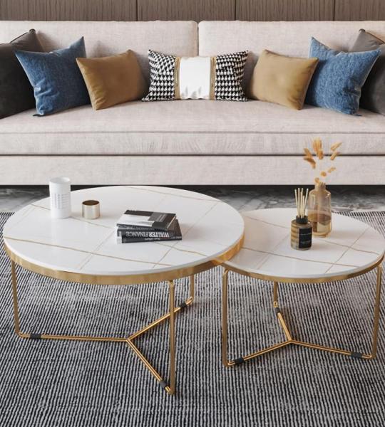 Moderne marmeren salontafel set met stevig metalen frame ruimtebesparende bijzettafels voor woonkamer en slaapkamer stijlvolle 24 & 18 inch diameter