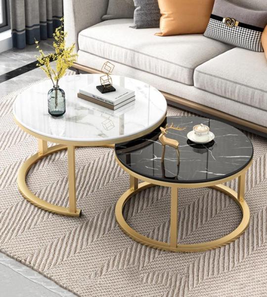Moderne Couchtische, 2er-Set, mit marmorähnlichen Deckeln, stilvolle Metallrahmen-Beistelltische für Wohnzimmer, kleine Räume und Bürogebrauch