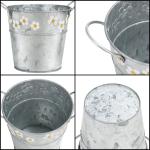 3 stuks zilverkleurige kleine emmer, 3 maten, verzinkt ijzer, mini-emmer met bloemenpatroon en handvat, binnen/buiten, voor huis en tuin, voor as, reinigingsmiddelen en bloemen