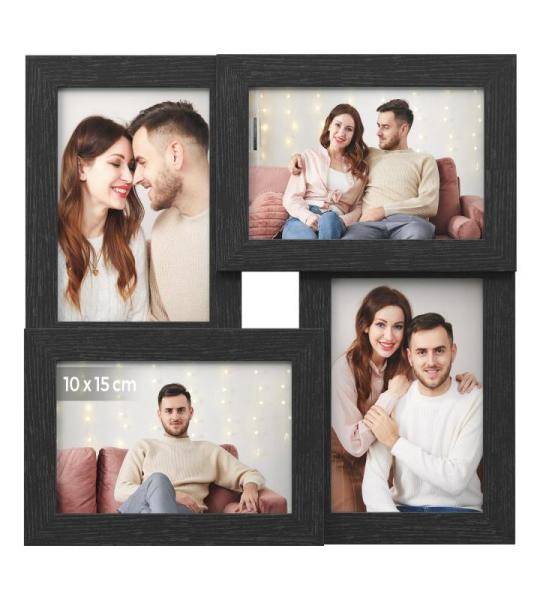 Fotolijst collage voor 4 foto's, 10 x 15 cm, wandmontage fotogalerij display, met glasplaat, zwarte houtnerf RPF25BK