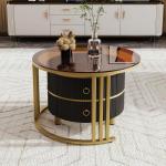 Ronde salontafel, set van 2 met gouden metalen frame en bruine glazen plaat, moderne bijzettafel, woonkamertafel, banktafel met 2 laden, 70 x 70 x 45 cm + 50 x 50 x 40 cm (zwart)