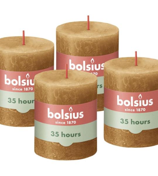 Rustik Stumpenkerzen - Ockergelb - Set 4 Stück - Dekorative Haushaltkerzen - Länge Brenndauer 35 Stunden - Unparfümierte - Natürliches Pflanzenwachs - Ohne Palmöl - 8 x 7 cm