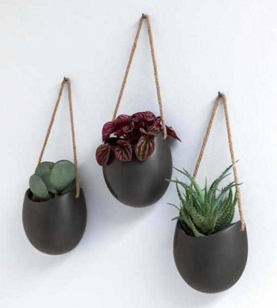 Wandvazen -Ellie- | hangende keramische bloempotten 3-delig | wanddecoratie voor kamer, balkon en tuin | grafiet (mat)