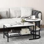 Set van 2 salontafels, bijzettafel, marmerlook met metalen frame en plank, koffietafel, woonkamertafel, banktafel voor woonkamer, slaapkamer (wit + zwart)