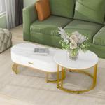 Ronde salontafel, set van 2, et met laden, banktafel met leisteen-marmeren textuur en gouden metalen frame, moderne , woonkamertafels voor slaapkamer, woonkamer, decoratie
