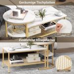 Set van 2 salontafels, bijzettafel, marmerlook met metalen frame en plank, koffietafel, woonkamertafel, banktafel voor woonkamer, slaapkamer (wit + goud)