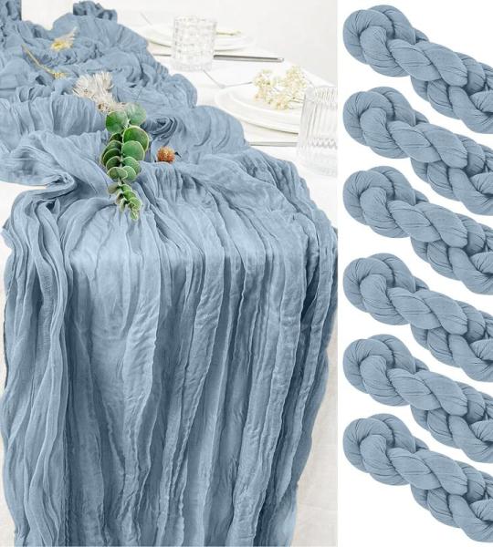 Tafelloper, 6 stuks blauwe kaasdoek, tafelloper, boho-gaas, kaasdoek, tafelloper, rustieke doorzichtige loper, tafelkleed voor boho, bruiloft, decoratie, verjaardagsfeest, 90 x 300