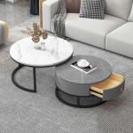 Moderne ronde salontafel set van 2 met marmereffect Top 2-in-1 ontwerp handige 2 laden ideaal voor woonkamer decoratie en opslag