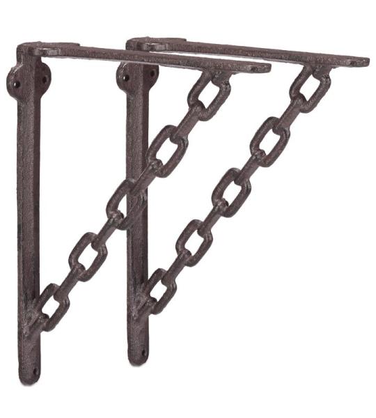 10022947 plankhoek gietijzer, set van 2, antieke stijl, opvallend kettingmotief, wandhouder voor planken, roestbruin, 18 x 4 x 21,5 cm