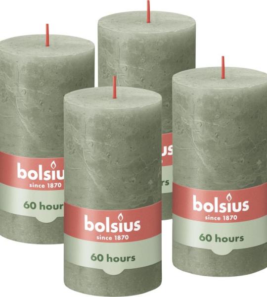 Rustieke stompkaarsen, olijfgroen, set van 4 stuks, decoratieve huishoudelijke kaarsen, lengte brandduur 60 uur, ongeparfumeerd, natuurlijke plantenwas, zonder palmolie, 13 x 7 cm