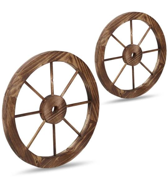 Autowiel van hout, set van 2, decoratie voor tuin, terras, veranda, rustiek spaakwiel, saloon, western, bruin