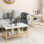 Set van 2 salontafels, bijzettafel, marmerlook met metalen frame en plank, koffietafel, woonkamertafel, banktafel voor woonkamer, slaapkamer (wit + goud)