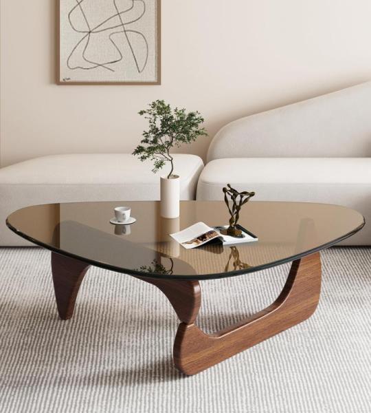 Skandinavischer Couchtisch, Wohnzimmertisch mit Platte aus Hartglas, Beistelltisch aus Holz, Kaffeetische, Schlafzimmer, Büro, Café (Walnut + Braun, 114 cm)