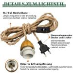 Retro houten hanglamp met stekker, industrieel henneptouw, set met schakelaar, E27-fitting met kabel, 4 meter, vintage lampenkap, voor woonkamer, balkon, gang, zonder gloeilamp