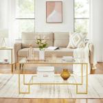 Salontafel, glazen tafel, woonkamertafel, 2 planken van gehard glas, stalen frame, 55 x 100 x 45 cm, decoratie, voor woonkamer, goudkleurig LGT033A01