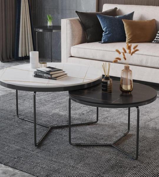 Stijlvolle marmeren salontafel met stevig metalen frame, moderne ruimtebesparende bijzettafels voor woonkamer en slaapkamer (24 en 18 inch dia)