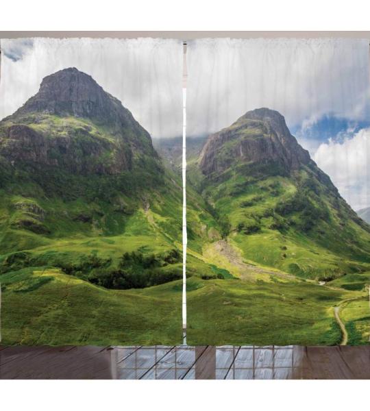 Schotland Rustieke gordijnen, Glencoe Highlands wolken, slaapkamer plooiband gordijn met lussen en haken, 280 x 260 cm, varengroen wit
