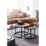 salontafel set van 2 massief houten/metalen salontafel industrieel rond | Bijzettafel met metalen poten zwart | 2-delige placemat bijzettafel van hout