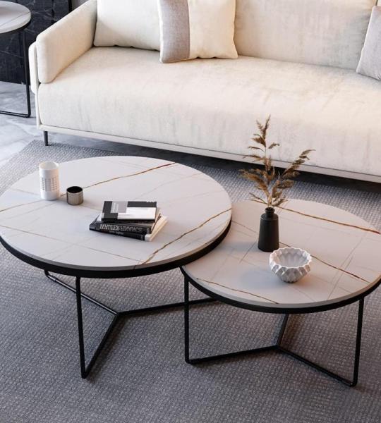 Stijlvolle marmeren salontafel set met stevig metalen frame moderne nesttafels voor woonkamer en slaapkamer ruimtebesparend ontwerp 24 & 18 inch diameter