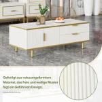 Salontafel met lade en ledlicht, moderne salontafel, woonkamertafel, tafelblad met marmerpatroon, gouden metalen decoratie, effen wit