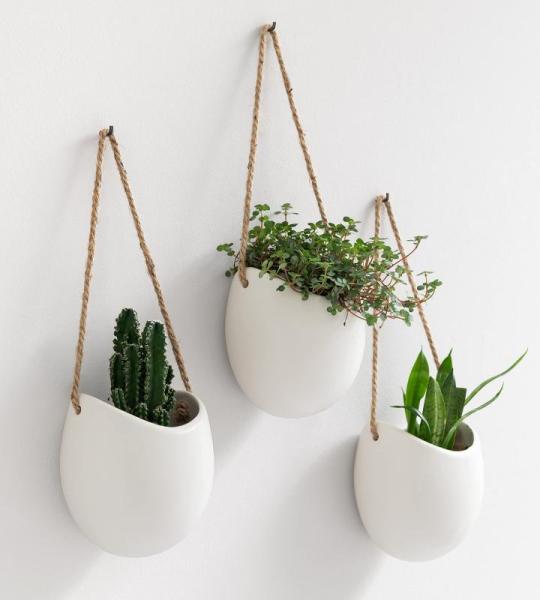 Wandvazen -Ellie- | hangende keramische bloempotten 3-delig | wanddecoratie voor kamer, balkon en tuin | wit (mat)