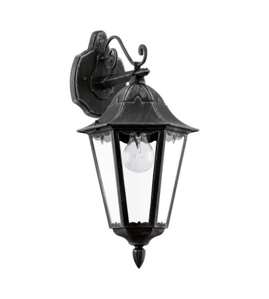 Buitenwandlamp Navedo, 1-lichts buitenlamp, wandlamp hangend van gegoten aluminium en glas, zwart, zilver-patina, E27-fitting, IP44