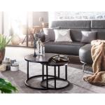 salontafel set van 2 Mango massief houten/metalen salontafel rond | Industriële bijzettafel met metalen poten zwart | 2-delige placemat bijzettafel van hout