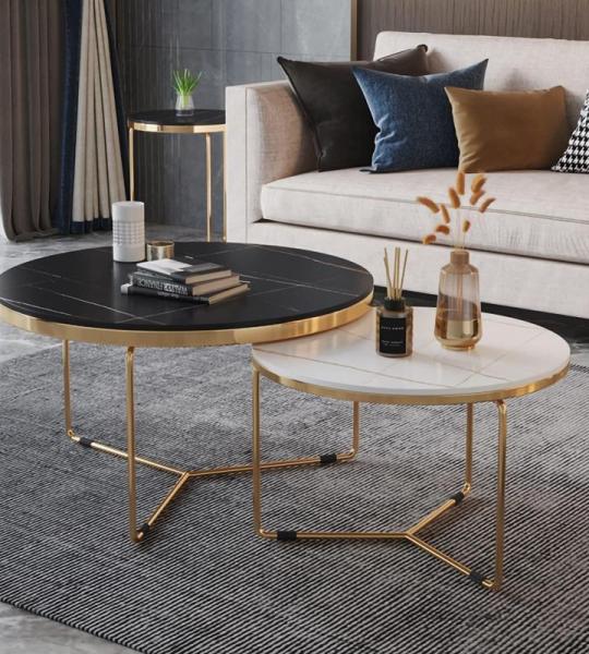 Moderne marmeren salontafel set met stevig metalen frame ruimtebesparende bijzettafels voor woonkamer en slaapkamer 24 & 18 inch diameter