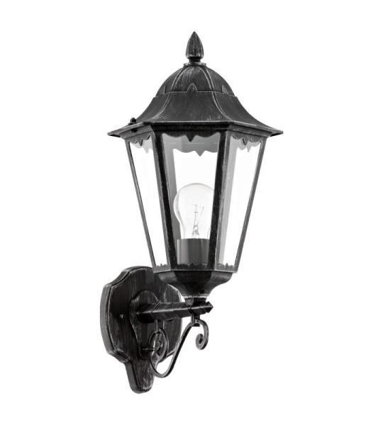 Buitenwandlamp Navedo, 1-lichts buitenlamp, staande wandlamp van gegoten aluminium en glas, zwart, zilver-patina, E27-fitting, IP44