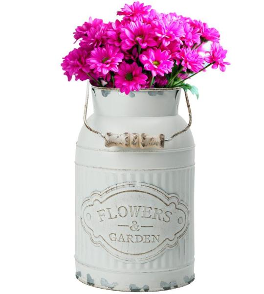Witte rustieke decoratieve bloemenvaas van metaal - D12,8 x H 20,5 cm - gegalvaniseerde melkkan decoratieve vaas in shabby chic vintage stijl - decoratieve landhuisstijl vaas voor 