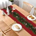 Tafelloper voor Kerstmis, rode linnen met kerstboom klokken, zuurstokken, lange rechthoekige kersttafelkleed voor het diner, tafeldecoratie, 230 x 33 cm