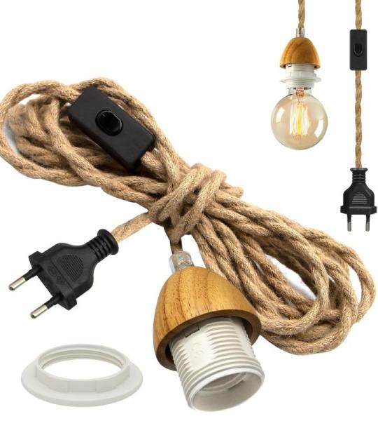 Vintage hanglamp met stekker, 510 cm, industriële hanglampenset met schakelaar, houten lampfitting E27 met kabel, retro henneptouw-hanglampset, lampenkap kan worden gemonteerd, vo