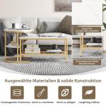 Set van 2 salontafels, bijzettafel, marmerlook met metalen frame en plank, koffietafel, woonkamertafel, banktafel voor woonkamer, slaapkamer (wit + goud)