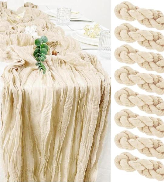 Tafelloper, 8 stuks beige kaasdoek, tafelloper, boho-gaas, kaasdoek, tafelloper, rustieke doorzichtige loper, tafelkleed voor boho, bruiloft, decoratie, verjaardagsfeest, 90 x 300 
