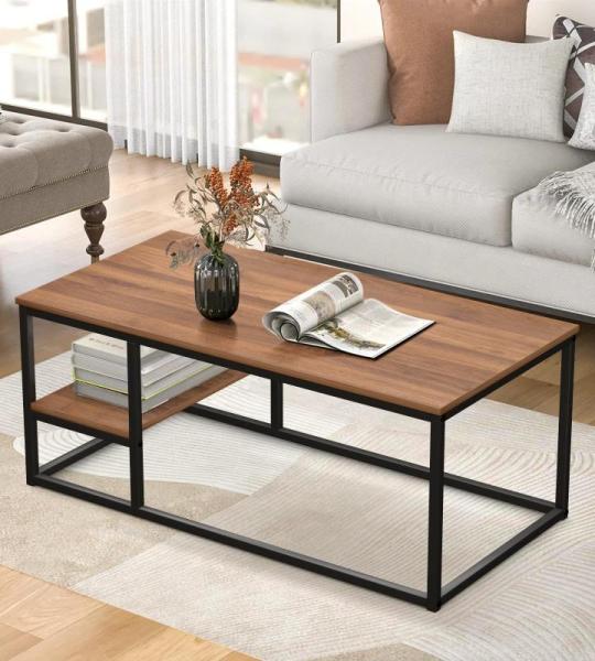 Salontafel, woonkamertafel, salontafel met stalen frame en planken, industrieel design, Scandinavische stijl, eenvoudige montage, bijzettafel van hout, walnootkleur