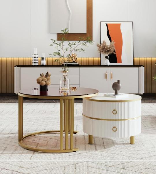 Ronde salontafel, set van 2 met gouden metalen frame en bruine glazen plaat, moderne bijzettafel, woonkamertafel, banktafel met 2 laden, 70 x 70 x 45 cm + 50 x 50 x 40 cm (wit)
