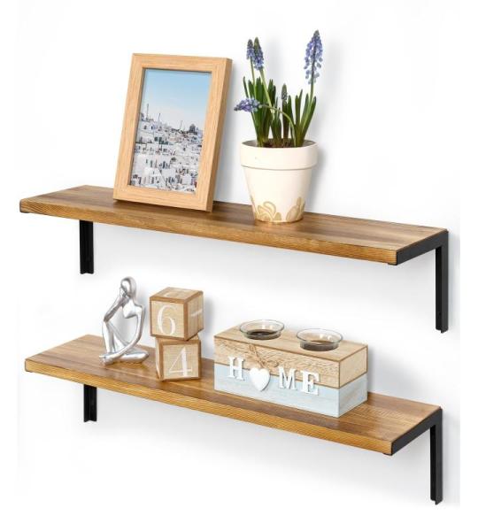 Wandrek, hout, set van 2, metalen planken, , lang, wandrek, natuur, decoratie, opbergplanken voor keuken, slaapkamer, woonkamer, badkamer, 60 cm