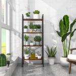 Boekenkast, rek met 4 niveaus, houten ladderrek, met kantelbeveiligingen en verstelbare voetkussens, metalen frame, voor woonkamer, werkkamer en kantoor (rustiek bruin)