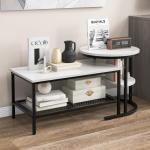 Set van 2 salontafels, bijzettafel, marmerlook met metalen frame en plank, koffietafel, woonkamertafel, banktafel voor woonkamer, slaapkamer (wit + zwart)