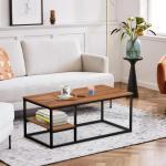 Salontafel, woonkamertafel, salontafel met stalen frame en planken, industrieel design, Scandinavische stijl, eenvoudige montage, bijzettafel van hout, walnootkleur