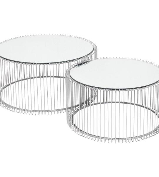 Design salontafel Wire (2/set), zilver, 63/53 cm diameter, bijzettafel, nachtkastje, stalen frame, tafelblad van veiligheidsglas, woonkamer, rond, 34 x 70 x 70 cm (H/B/D)