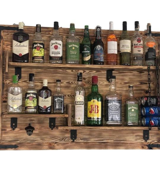 Houten rek om op te hangen - handgemaakt rustieke stijl muur bar flessenrek hout - wijnbaar rek cadeau voor mannen - houten 3D-afbeelding borrelbar