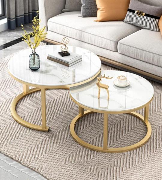 Marmorähnliche Couchtische im 2er-Set mit Metallrahmen, stilvolle und funktionale Möbel für Wohnzimmer, kleinen Raum und Büro