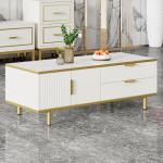 Salontafel met lade en ledlicht, moderne salontafel, woonkamertafel, tafelblad met marmerpatroon, gouden metalen decoratie, effen wit