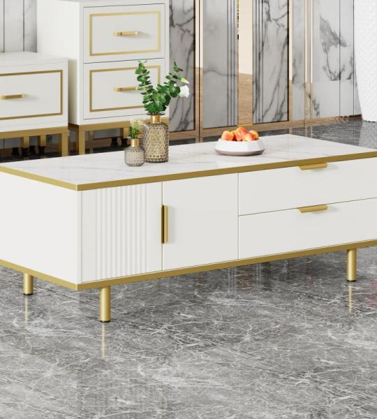 Salontafel met lade en ledlicht, moderne salontafel, woonkamertafel, tafelblad met marmerpatroon, gouden metalen decoratie, effen wit