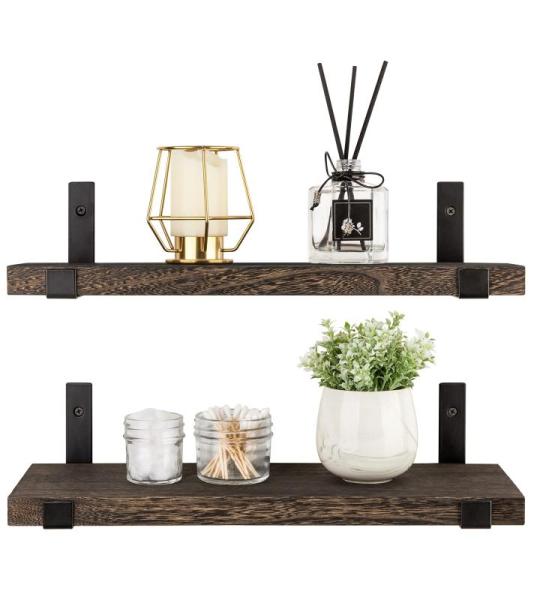 Rustieke zwevende houten wandplanken 60 cm met beugels voor woonkamer, slaapkamer, badkamer, keuken, thuis, kantoor, 2 stuks