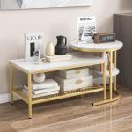 Set van 2 salontafels, bijzettafel, marmerlook met metalen frame en plank, koffietafel, woonkamertafel, banktafel voor woonkamer, slaapkamer (wit + goud)