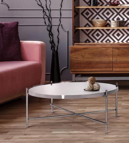 Salontafel Ø 75x35 cm uniek in zilver van metaal en glas, design woonkamertafel met glasplaat en metalen frame, ronde bijzettafel, moderne glazen tafel, elegante salontafel, loung