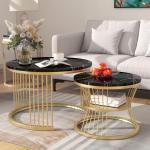 Moderne ronde salontafel, set van 2, ronde bijzettafelset, woonkamertafel met marmerfineer en goud, metalen frame, bijzettafel, salontafel, koffietafel voor woonkamer en slaapkamer