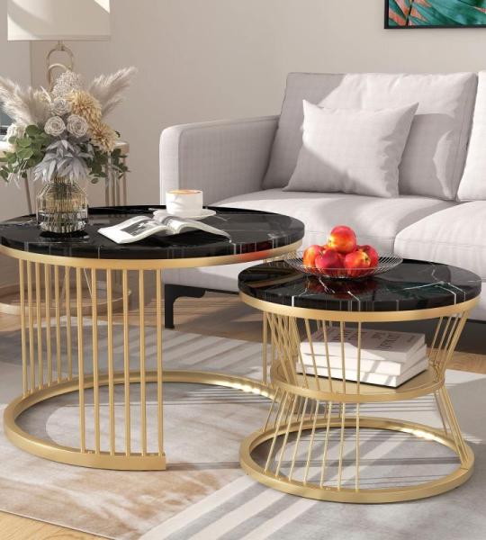 Moderne ronde salontafel, set van 2, ronde bijzettafelset, woonkamertafel met marmerfineer en goud, metalen frame, bijzettafel, salontafel, koffietafel voor woonkamer en slaapkamer